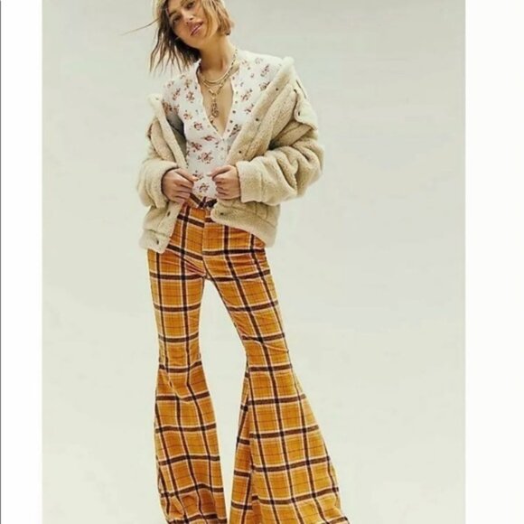 *ISO* Free People We The Free Just Float On Corduroy Pants Mustard Plaid - Picture 2 of 2
